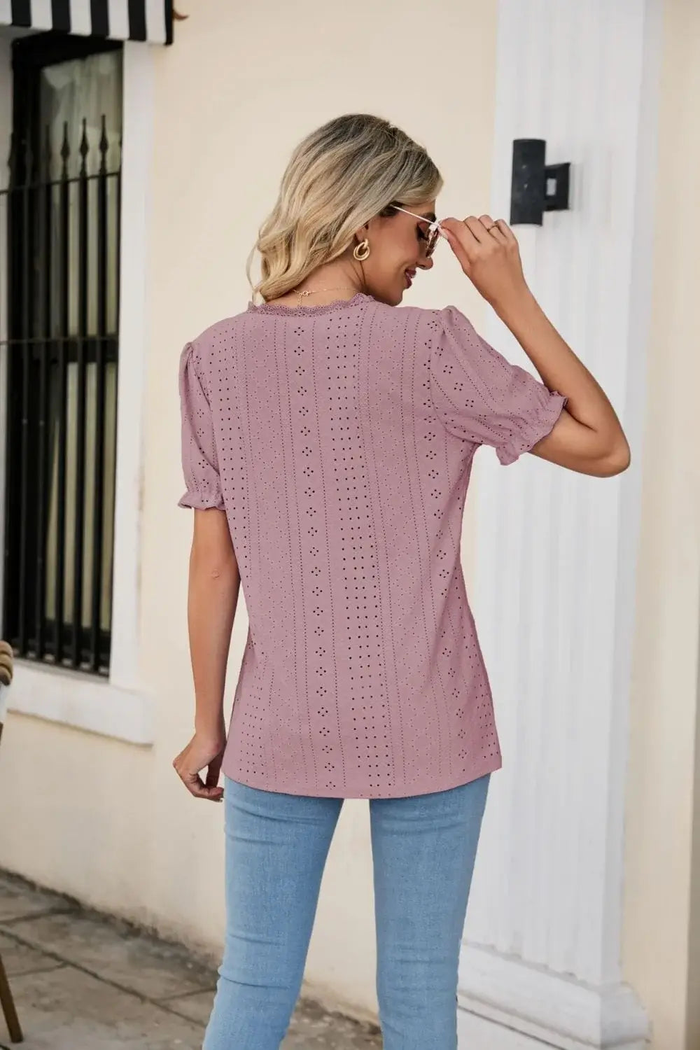Eyelet Flounce Sleeve Scalloped V-Neck Top - Trendsi - Flyclothing LLC