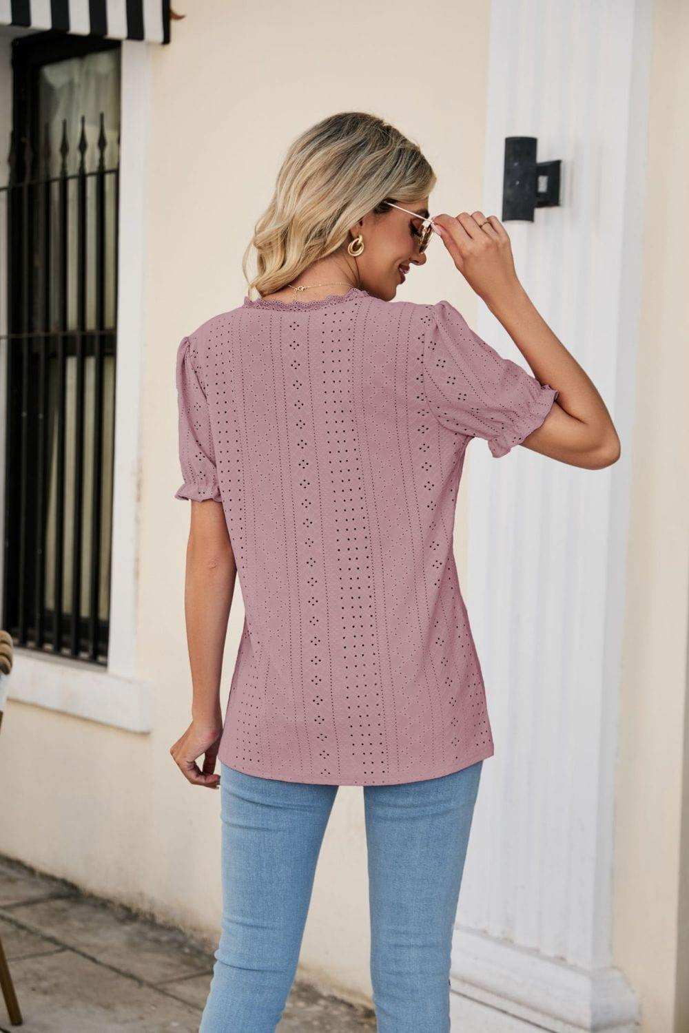 Eyelet Flounce Sleeve Scalloped V-Neck Top - Trendsi - Flyclothing LLC