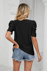 Eyelet Puff Sleeve Round Neck Blouse - Trendsi - Flyclothing LLC