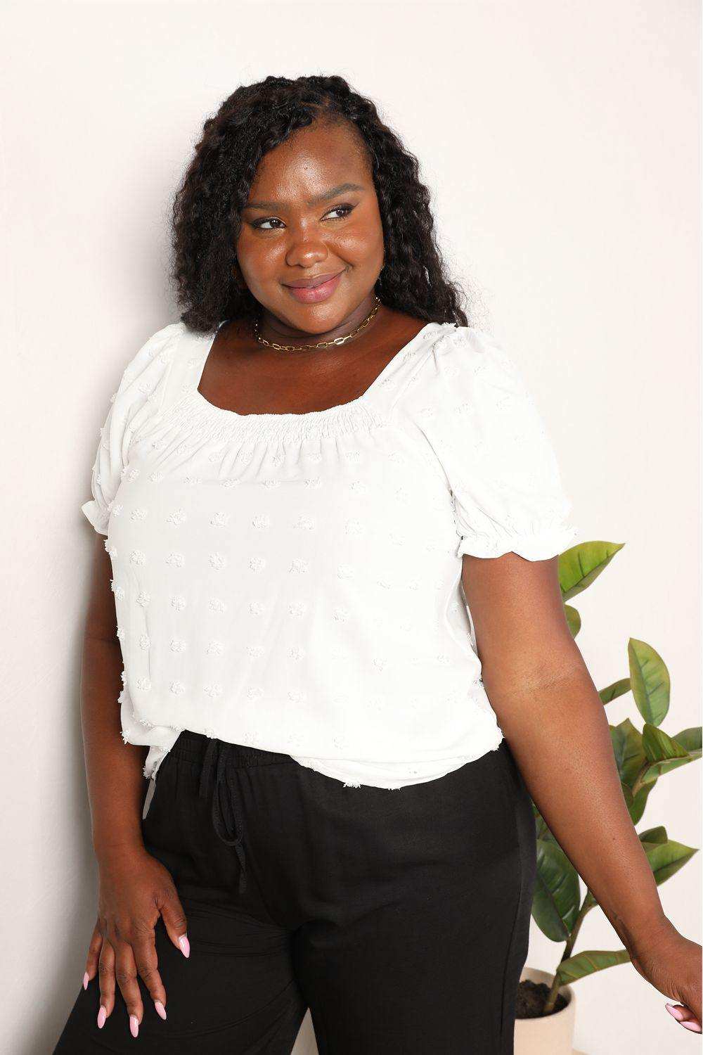 Double Take Swiss Dot Puff Sleeve Square Neck Blouse - Trendsi - Flyclothing LLC