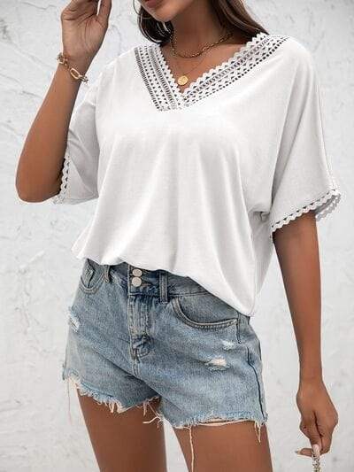 Lace Detail V-Neck T-Shirt - Trendsi - Flyclothing LLC