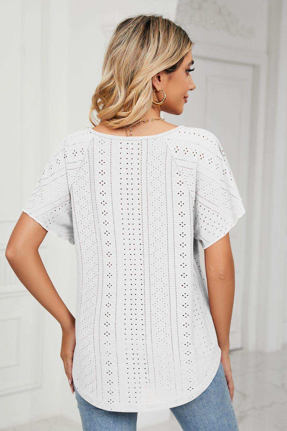 Eyelet Tie-Neck Flutter Sleeve Top - Trendsi - Flyclothing LLC