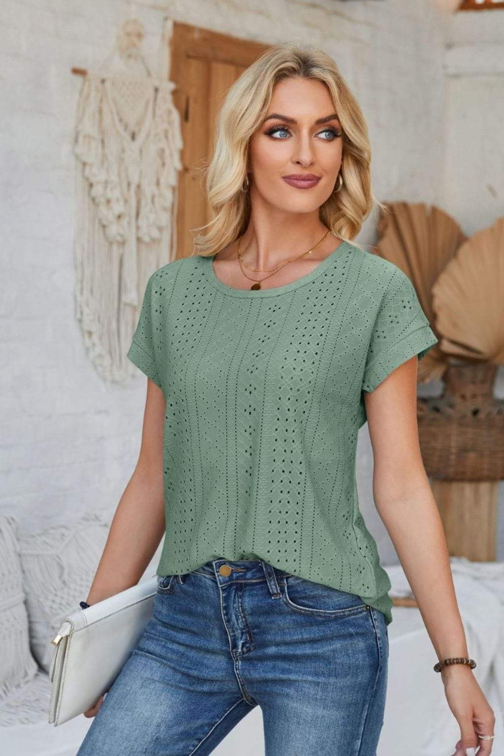 Eyelet Round Neck Rolled Short Sleeve T-Shirt - Trendsi - Flyclothing LLC