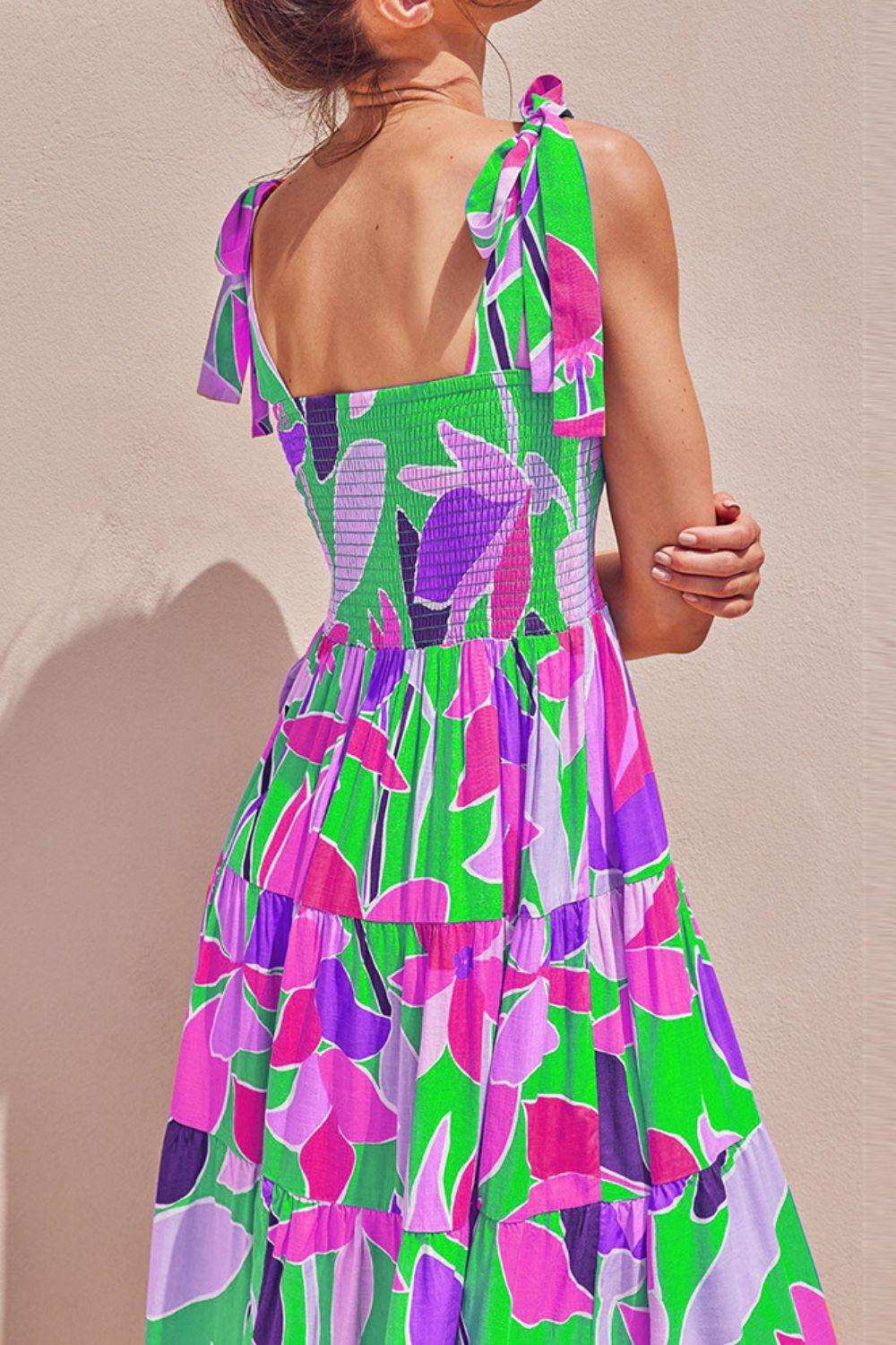 Floral Tie-Shoulder Smocked Midi Dress - Trendsi - Flyclothing LLC