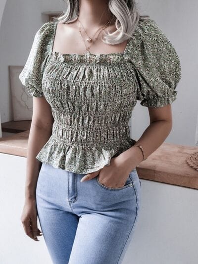Frill Smocked Square Neck Short Sleeve Blouse - Trendsi