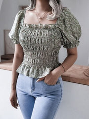 Frill Smocked Square Neck Short Sleeve Blouse - Trendsi