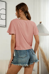 Decorative Button V-Neck Tied Blouse - Trendsi - Flyclothing LLC