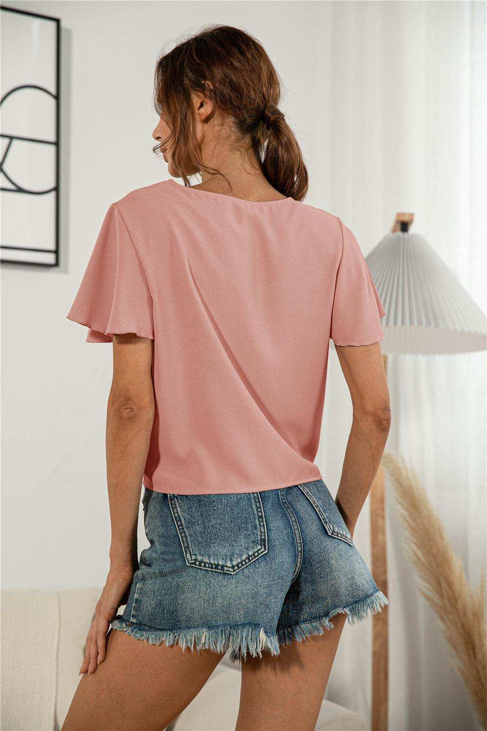 Decorative Button V-Neck Tied Blouse - Trendsi - Flyclothing LLC