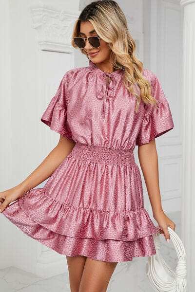 Smocked Tie Neck Flounce Sleeve Dress - Trendsi - Flyclothing LLC