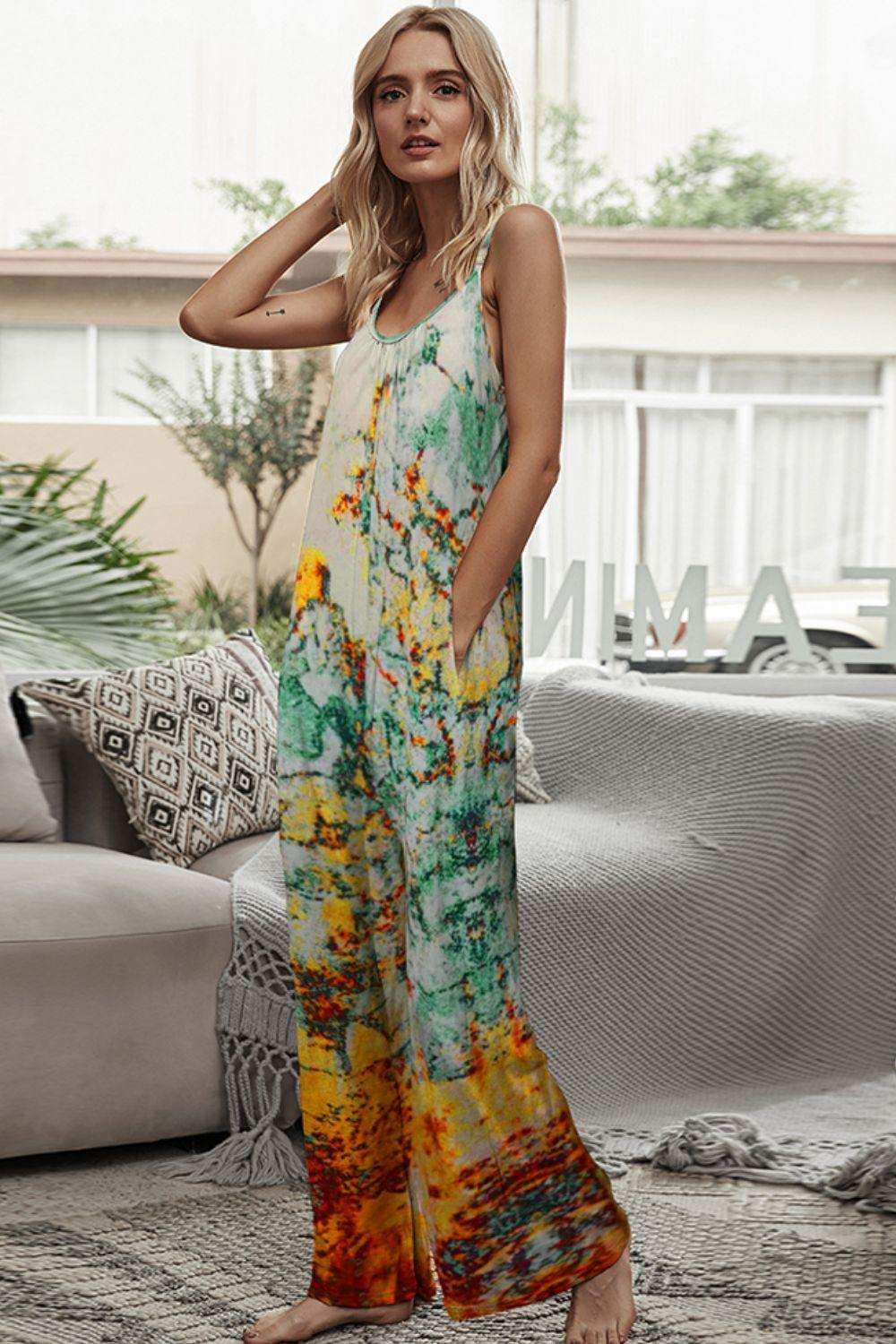 Tie-Dye Spaghetti Strap Jumpsuit with Pockets - Trendsi - Flyclothing LLC