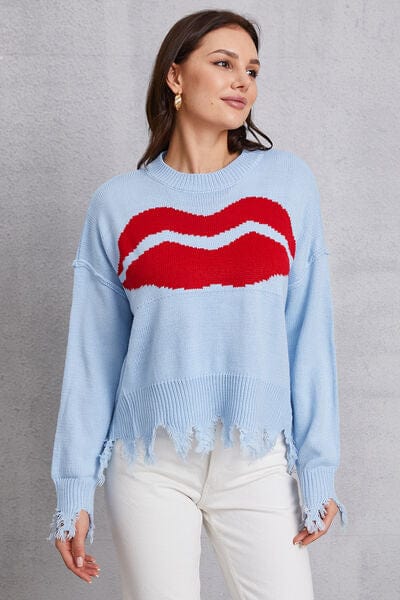 Lip Fringe Round Neck Sweater - Trendsi