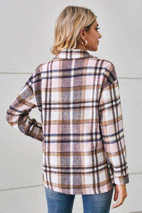 Collared Plaid Shacket - Trendsi - Flyclothing LLC