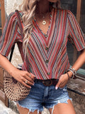 Printed V-Neck Button-Up Short Sleeve Top - Trendsi