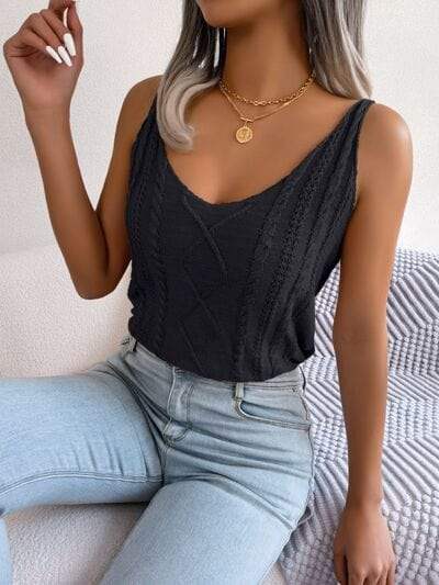 Cable-Knit Scoop Neck Knit Vest - Trendsi - Flyclothing LLC