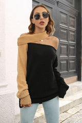 Ribbed Off-Shoulder Lantern Sleeve Pullover Sweater - Trendsi