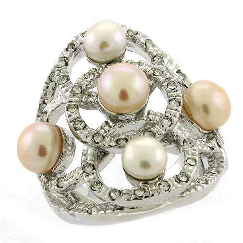 Alamode Rhodium Brass Ring with Semi-Precious Pearl in Multi Color - Alamode