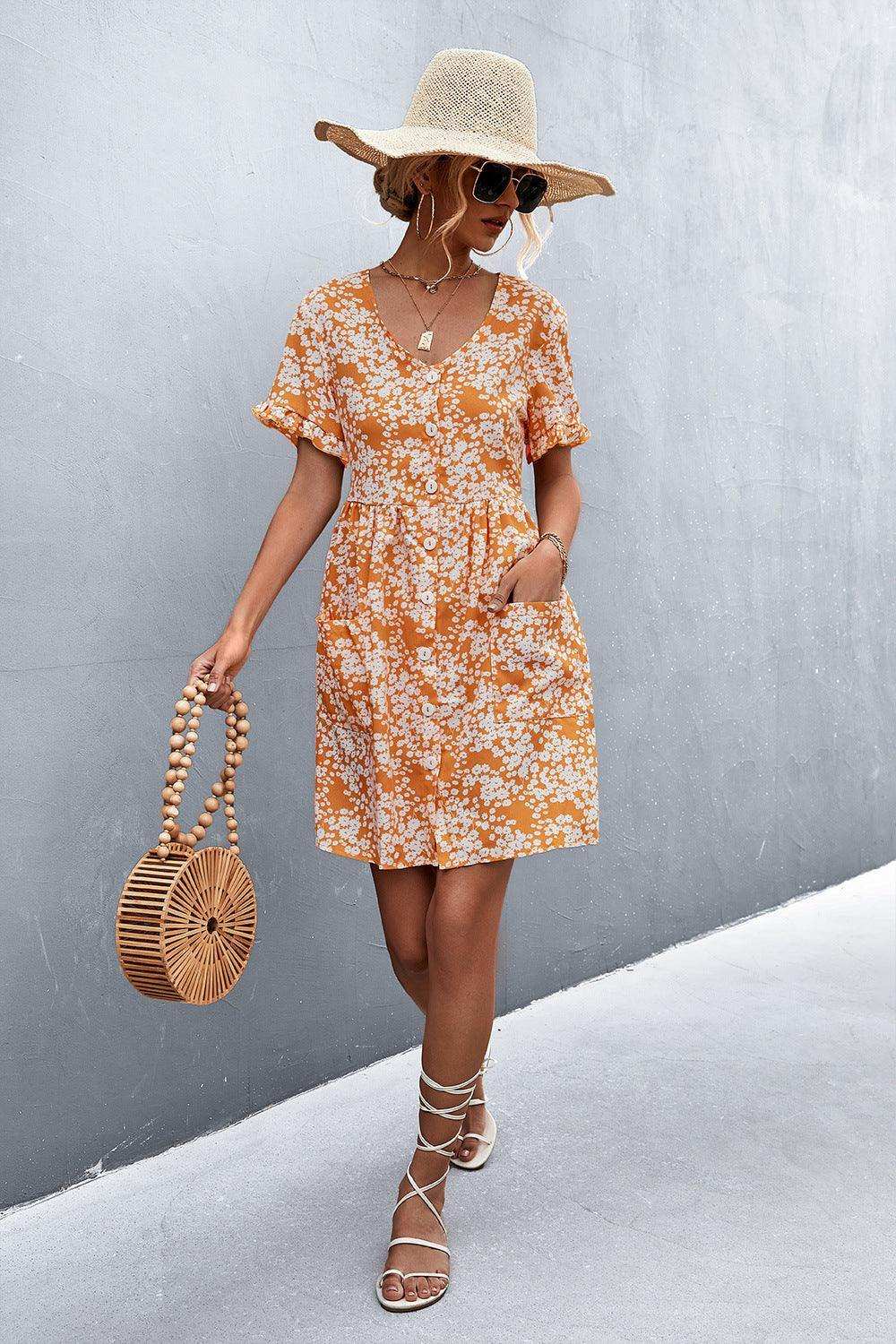 Printed Button down Pocketed Dress - Trendsi - Flyclothing LLC