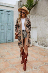 Pocketed Geometric Open Front Dropped Shoulder Cardigan - Trendsi - Flyclothing LLC
