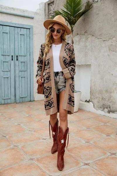 Pocketed Geometric Open Front Dropped Shoulder Cardigan - Trendsi - Flyclothing LLC