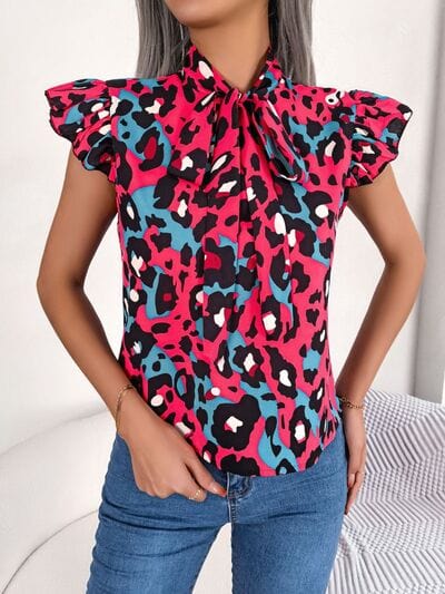 Leopard Tie Neck Cap Sleeve Blouse - Trendsi