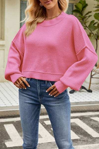 Round Neck Dropped Shoulder Sweater - Trendsi - Flyclothing LLC