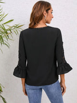 V-Neck Lace Detail Flounce Sleeve Blouse - Trendsi - Flyclothing LLC