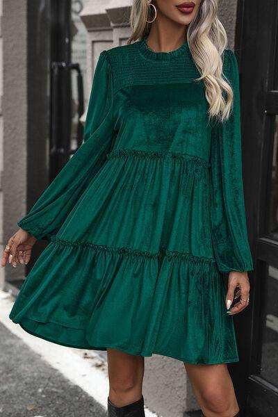 Smocked Balloon Sleeve Frill Trim Tiered Dress - Trendsi - Flyclothing LLC