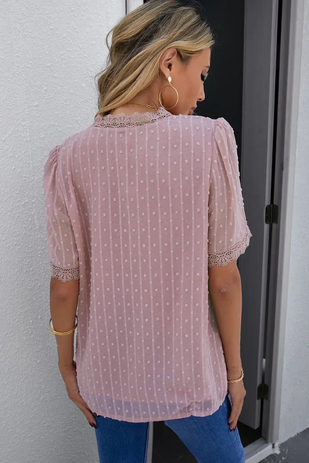Swiss Dot Lace Trim Plunge Blouse - Trendsi - Flyclothing LLC