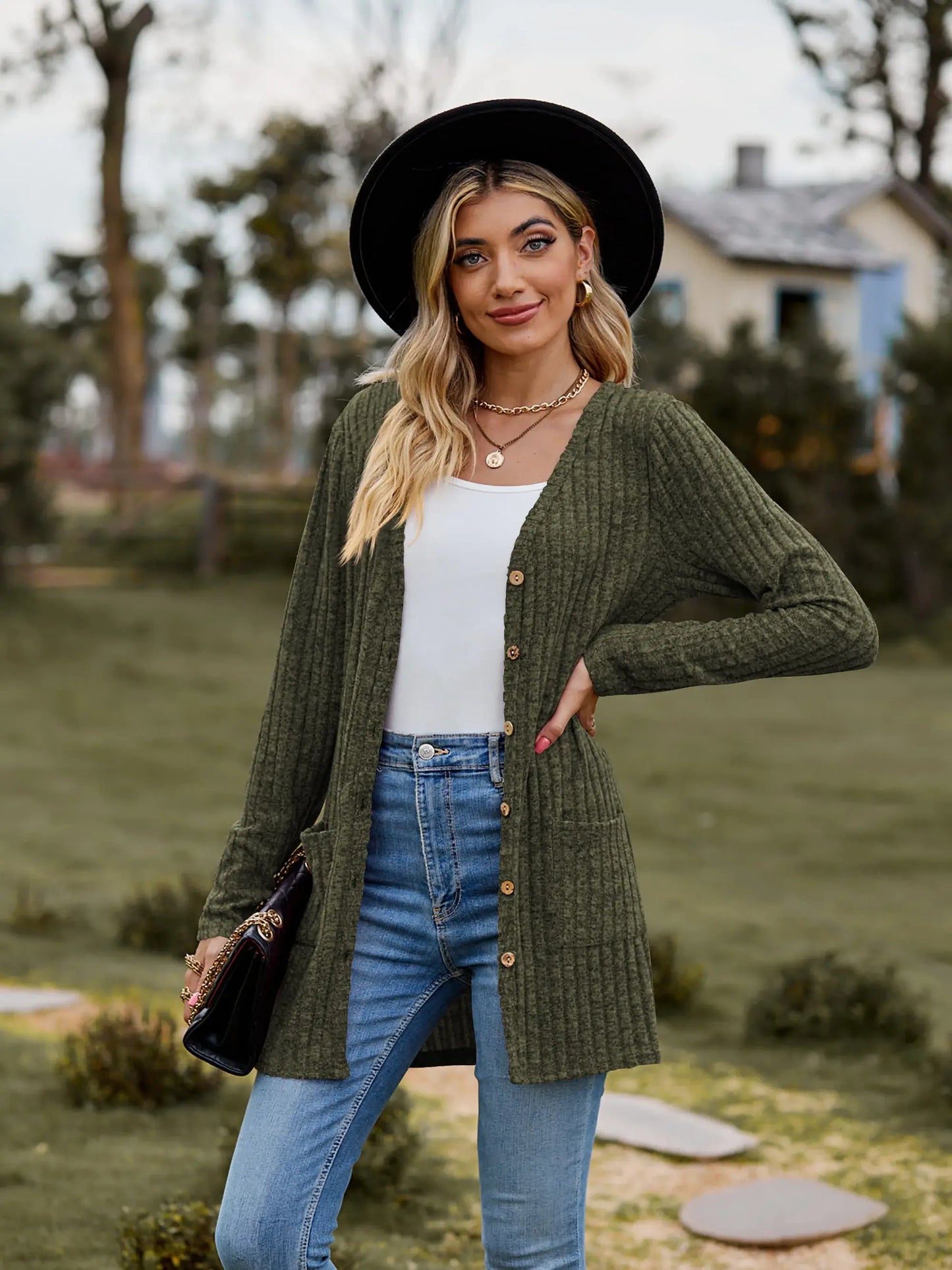 Ribbed Button-UP Caradigan with Pockets - Trendsi - Flyclothing LLC