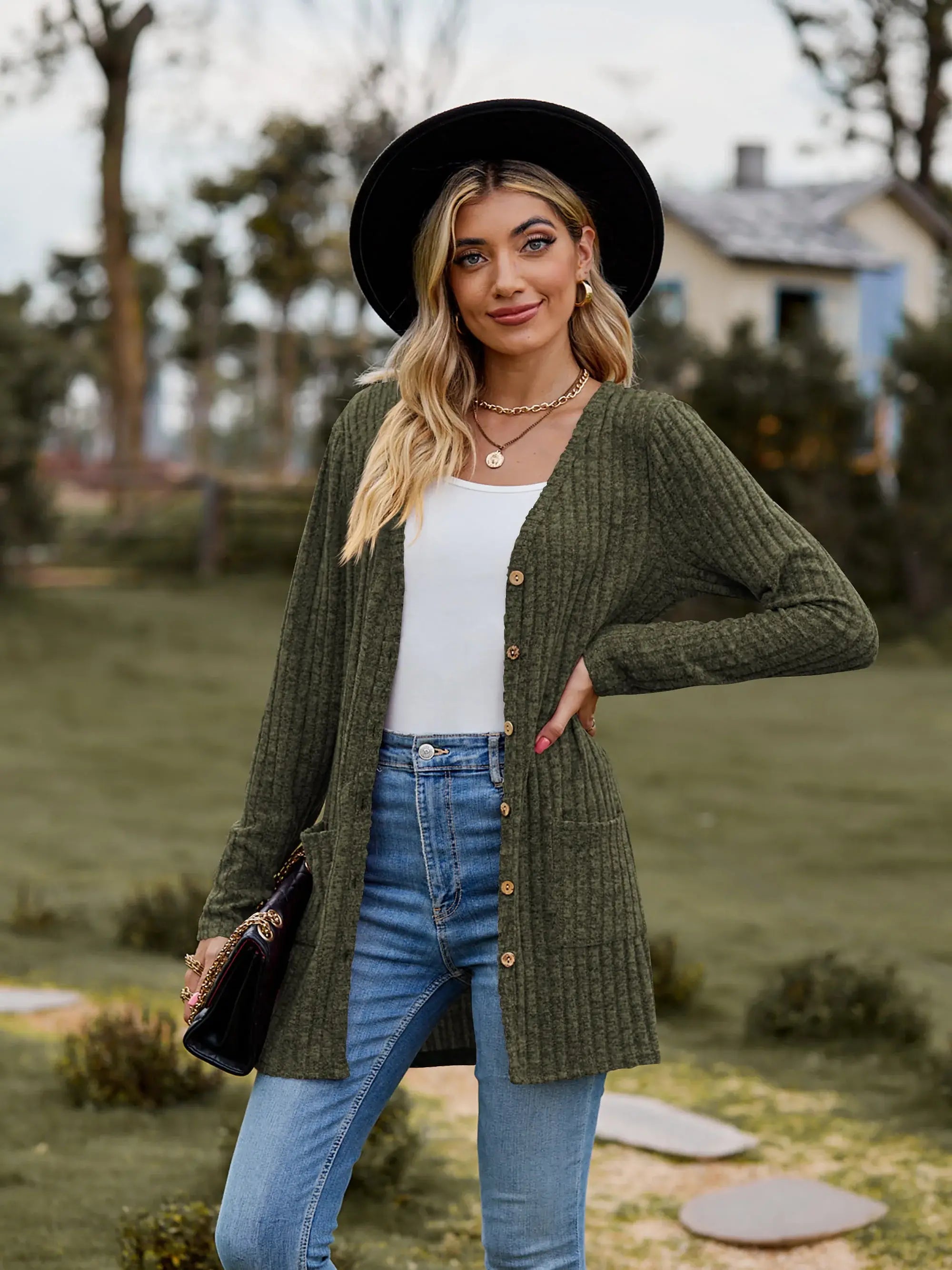 Ribbed Button-UP Caradigan with Pockets - Trendsi - Flyclothing LLC