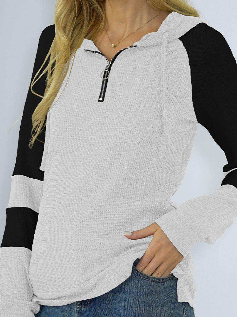 Waffle-knit Raglan Sleeve Zipper Front Hoody - Trendsi - Flyclothing LLC