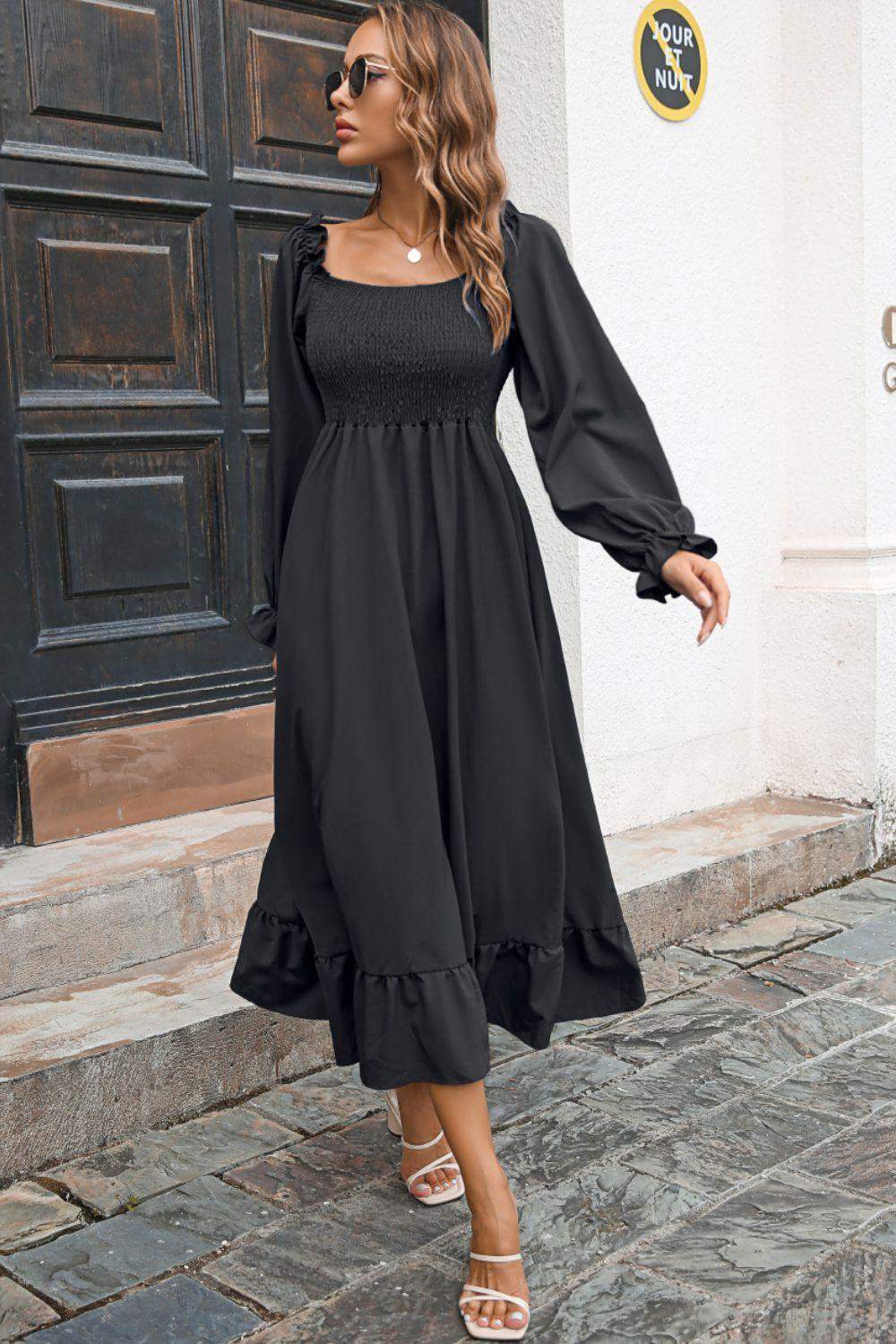 Smocked Ruffle Hem Flounce Sleeve Dress - Trendsi - Flyclothing LLC
