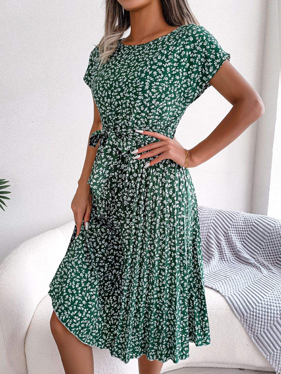 Ditsy Floral Pleated Belted Dress - Trendsi - Flyclothing LLC