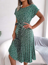 Ditsy Floral Pleated Belted Dress - Trendsi - Flyclothing LLC