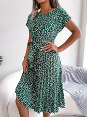 Ditsy Floral Pleated Belted Dress - Trendsi