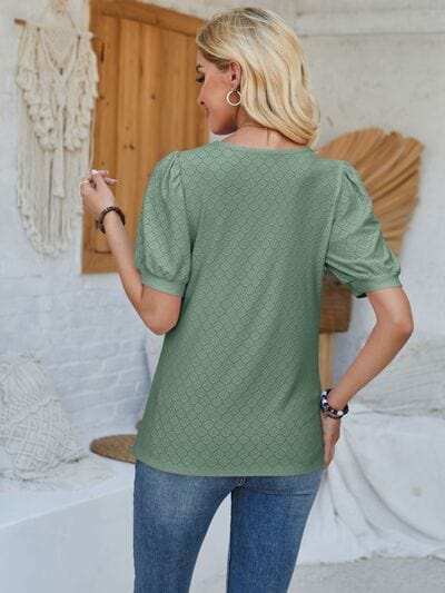 Eyelet Asymmetrical Neck Short Sleeve T-Shirt - Trendsi - Flyclothing LLC