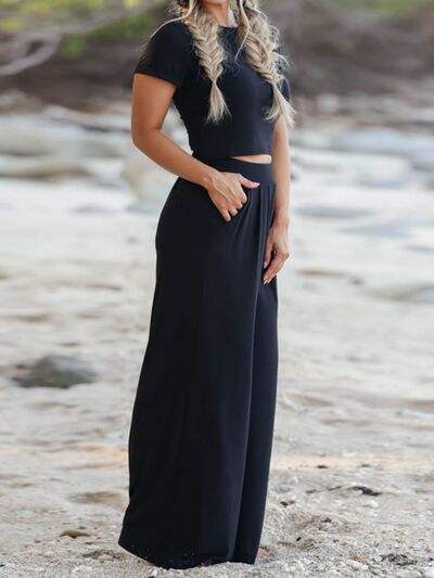 Round Neck Short Sleeve Top and Pocketed Pants Set - Trendsi - Flyclothing LLC
