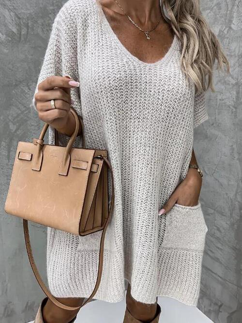 V-Neck Short Sleeve Sweater with Pockets - Flyclothing LLC
