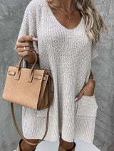 V-Neck Short Sleeve Sweater with Pockets - Trendsi - Flyclothing LLC