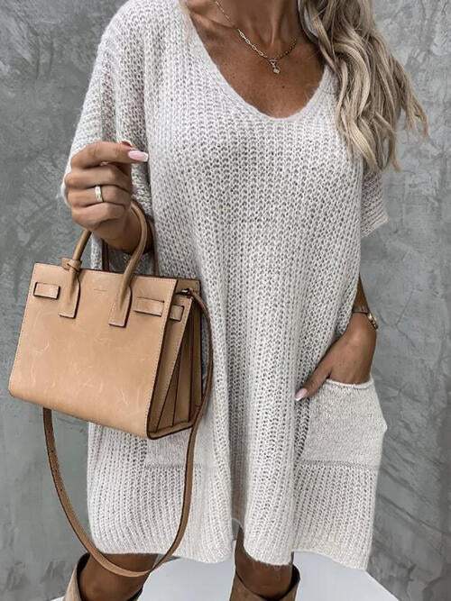 V-Neck Short Sleeve Sweater with Pockets - Trendsi - Flyclothing LLC