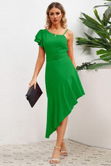 Ruffled Asymmetrical Neck Flutter Sleeve Dress - Trendsi