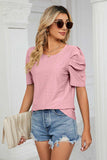 Eyelet Puff Sleeve Round Neck Blouse - Trendsi - Flyclothing LLC