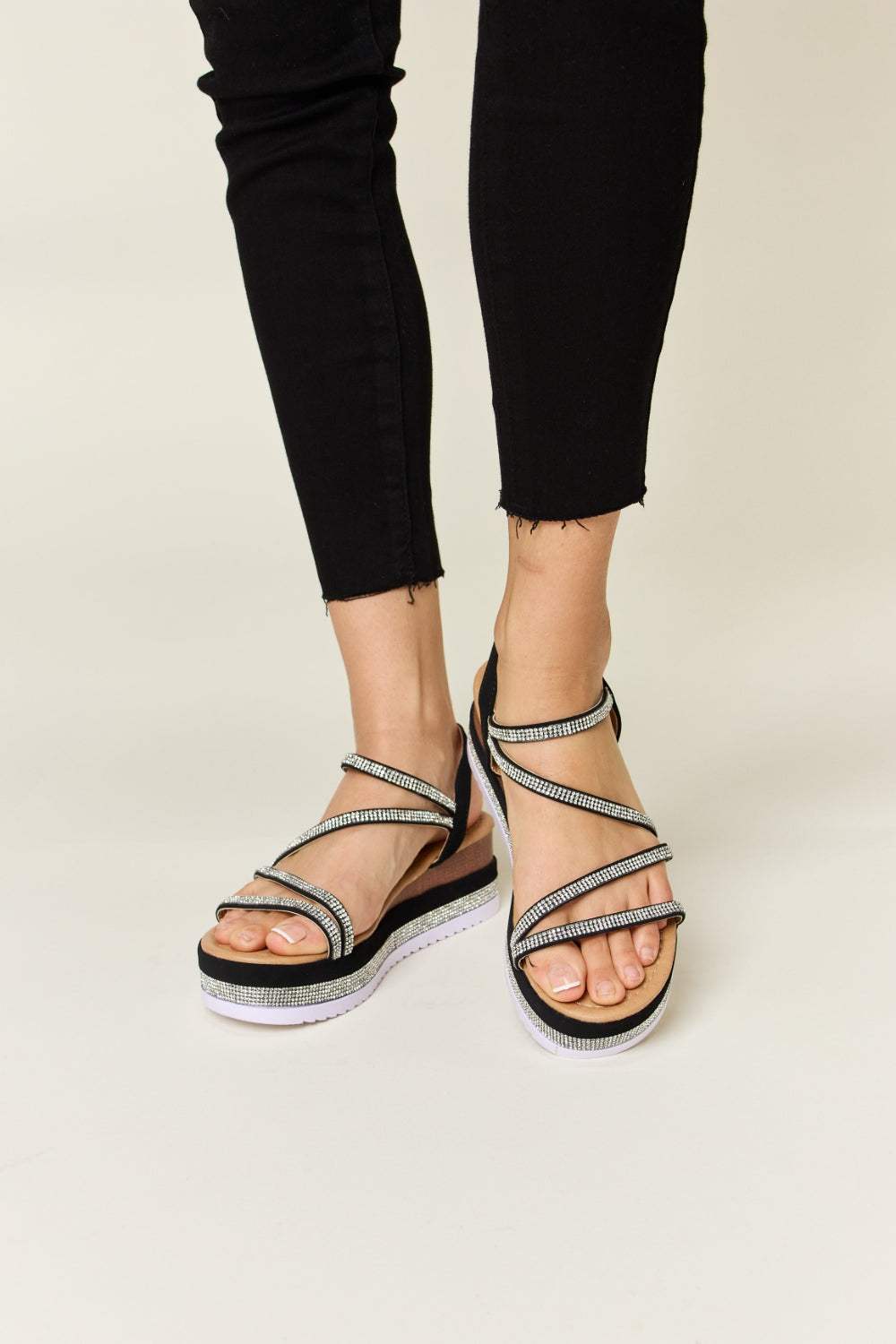 Forever Link Rhinestone Strappy Wedge Sandals - Trendsi - Flyclothing LLC