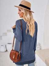 Crochet Contrast V-Neck Long Sleeve Slit T-Shirt - Trendsi - Flyclothing LLC