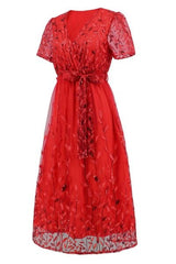 Sequin Leaf Embroidery Tie Front Short Sleeve Dress - Trendsi