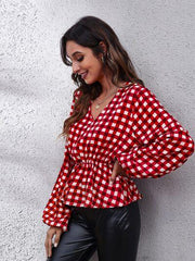 Plaid V-Neck Balloon Sleeve Peplum Blouse - Trendsi