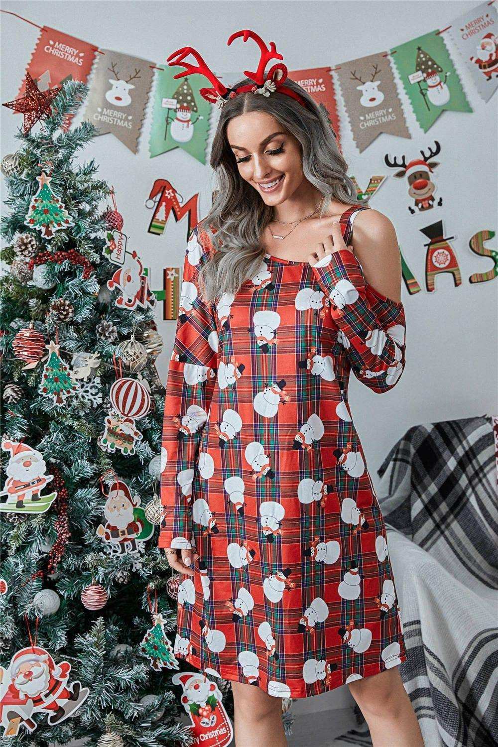 Christmas Asymmetrical Neck Long Sleeve Dress - Trendsi - Flyclothing LLC