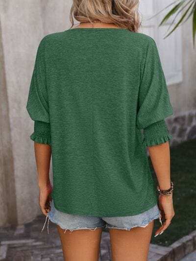 Heathered Notched Lantern Sleeve Blouse - Trendsi - Flyclothing LLC