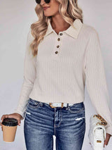 Collared Neck Buttoned Long Sleeve Top - Trendsi - Flyclothing LLC