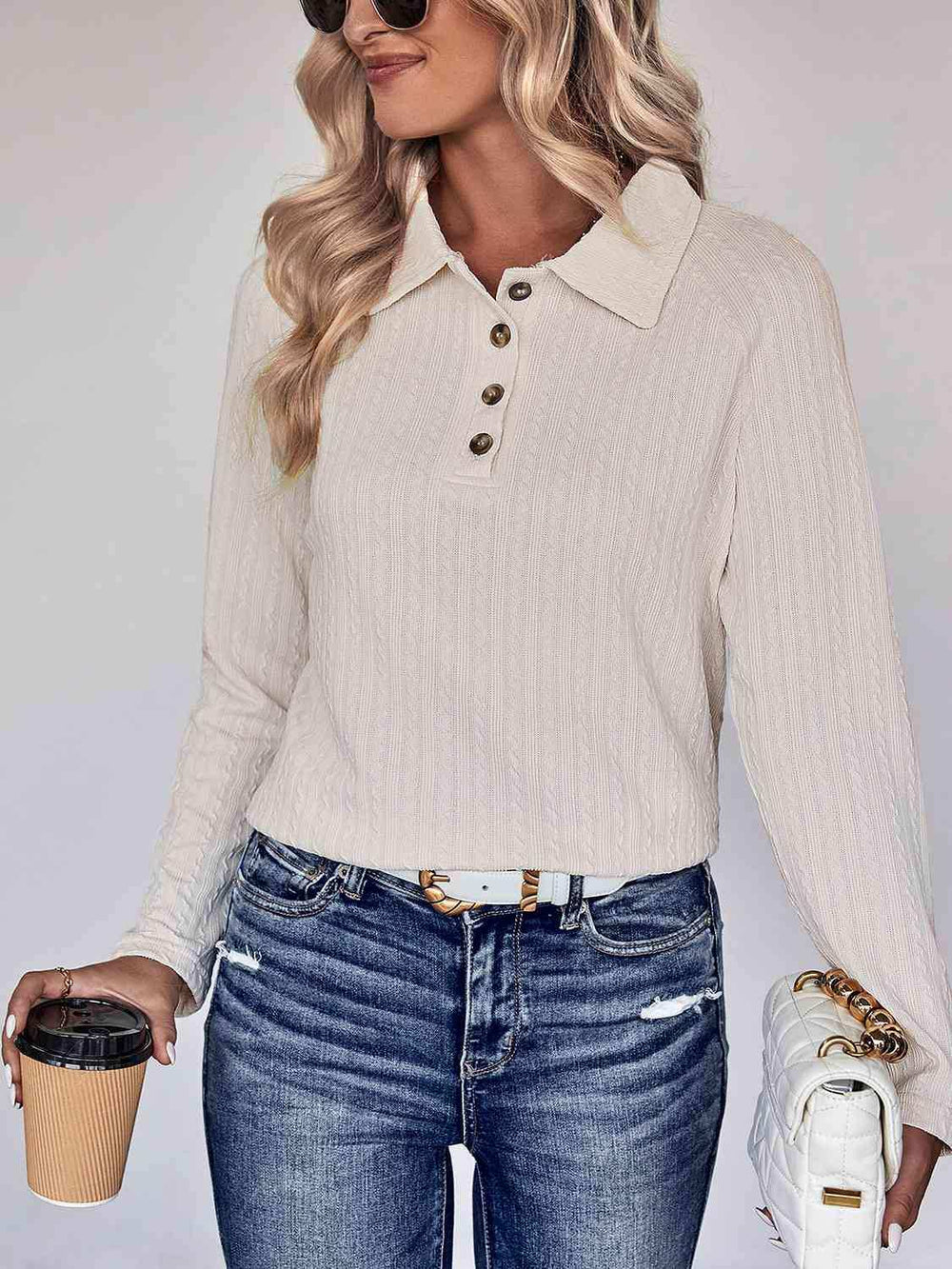 Collared Neck Buttoned Long Sleeve Top - Trendsi - Flyclothing LLC